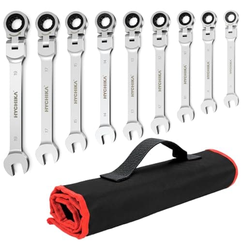 Image of HYCHIKA Ratchet Spanner Set 9pcs, Flexible Combination Wrench 6-19 mm, Flex-Head Spanner Sets, Combination Spanner in Roll Bag for Car Repairing, Industrial Maintenance