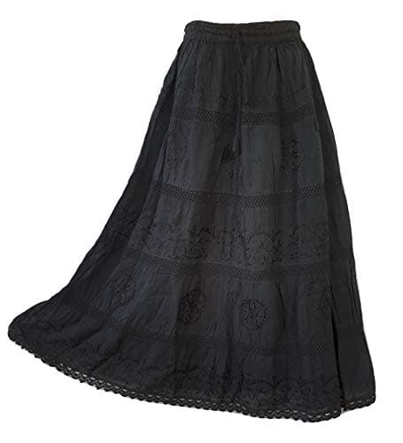 Image of Doorwaytofashion Women Cotton Maxi Full Length Skirt Embroidered Boho Casual Festival Summer UK 10,12,14,16,18 Black