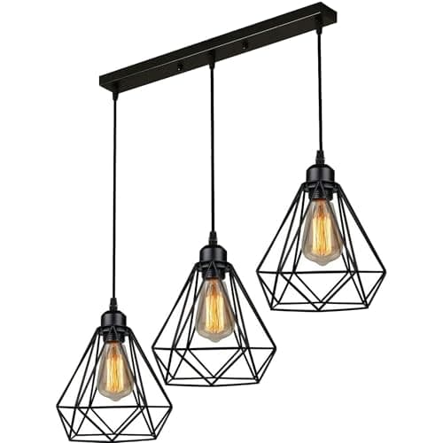 Image of DC VOLTAGE Retro Industrial Ceiling Lights Fitting Metal Wire cage 3 Head Pendant Light Adjustable Rectangle Base Chandeliers E27 Bulb Living Room Hallway Kitchen. (Black (Type 2))