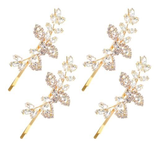 Image of 4 PCS Gold Rhinestone Bridal Hair Clip Set, Elegant Leaf Wedding Hairpins Sparkly Clips Gold Bridal Hair Accessories for Women Crystal Barrettes for Brides, Bridesmaids, Special Occasions