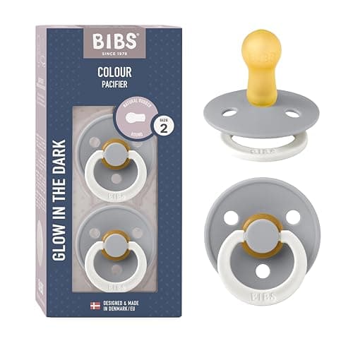 Image of BIBS Colour Night Glow in The Dark Soother 2-Pack, BPA Free Dummy Pacifier, Round Nipple. Natural Rubber Latex, Made in Denmark, Size 2 (6-18 Months), Cloud Glow