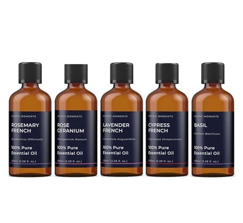 Image of Mystic Moments | Essential Oils of France Gift Starter Pack | 5 x 100ml Pure Aromatherapy Oils – Lavender Lavandula angustifolia, Rosemary, Basil, Lemon & Cypress | Fresh Herbal Home Ambience