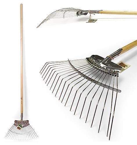 Image of Greenman Garden Lawn Leaf Rake Stainless Steel Heavy Duty Ash Handled 20 Tines Durable