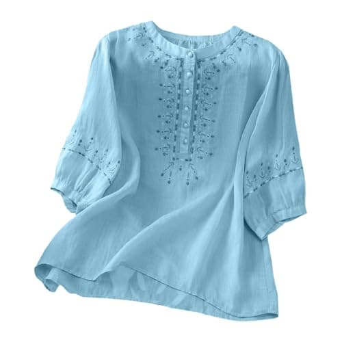 Image of Peplum Tops for Women Linen Shirt Women Summer Embroidery Linen Tunic Tops Retro Jacquard Short Sleeve Boho Blouse Casual Loose Fit Flowy Hem Tee Sales Clearance