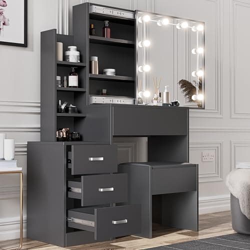 Image of Blisswood Dressing Table with Mirror and Stool, Vanity Desk with 4 Drawer 3 open Storage Shelves and 3 Hidden Shelves with LED Bulbs, Modern Makeup Table for Bedroom & Living Room (Grey)