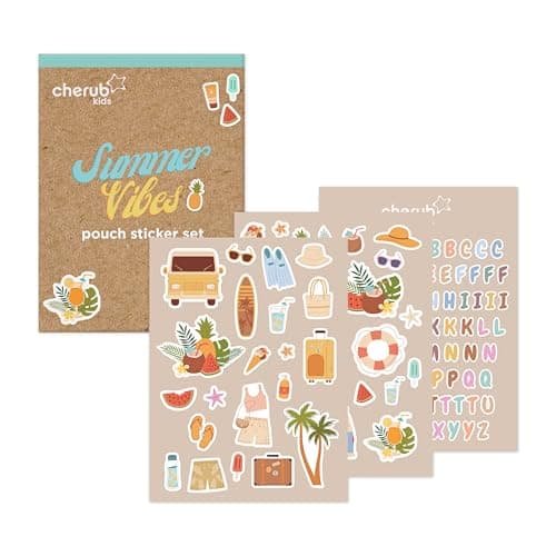 Image of Cherub Baby Dishwasher Safe Stickers for Kids (130+ Counts) | Waterproof DIY Labels for Water Bottles, Lunchbox | 3 Sheets with Summer Vibe Decals