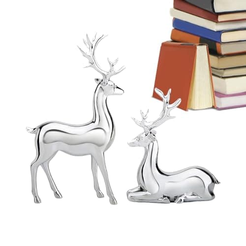 Image of Yorajuy Silver Deer Christmas Decor, 2PCS Reindeer Figurine Statue, Silver Deer Sculpture Desktop Ornament, Christmas Center Table Decorations For Living Room Bedroom