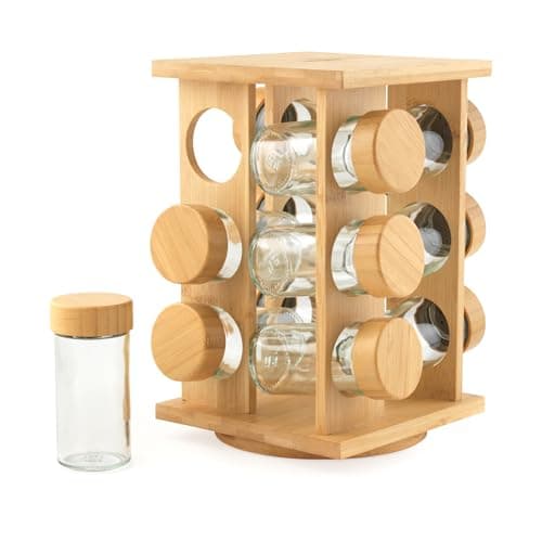Image of Salter Rotating Spice Rack – 12 Refillable Glass Jars with Labels, FSC®-Certified Bamboo, Screw Lids for Freshness, Easy-Access Spinning Base, Compact Design, Build Collection of Favourite Seasonings