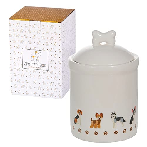 Image of SPOTTED DOG GIFT COMPANY Ceramic Storage Jar with Lid, Cute Kitchen Canister Pet Food Container, Dog Treat Jar, Animal Themed Kitchen Decor Accessories, Gifts for Dog Lovers - 1L