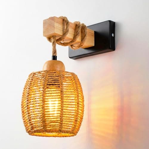 Image of Rravdst Wall Lights Indoor, Sconce Lights Basket Rattan Lampshade, E27 Vintage Rope Wall Lamp, Industrial Lights Fittings, Indoor Wood Wicker Wall Sconces for Living Room Bedrooms Hallway