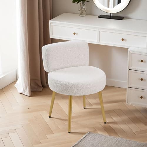 Image of Warmiehomy White Dressing Table Chair with Gold Legs, Teddy Velvet Makeup Vanity Stool Chair for Dressing Table, Bedroom, Living Room