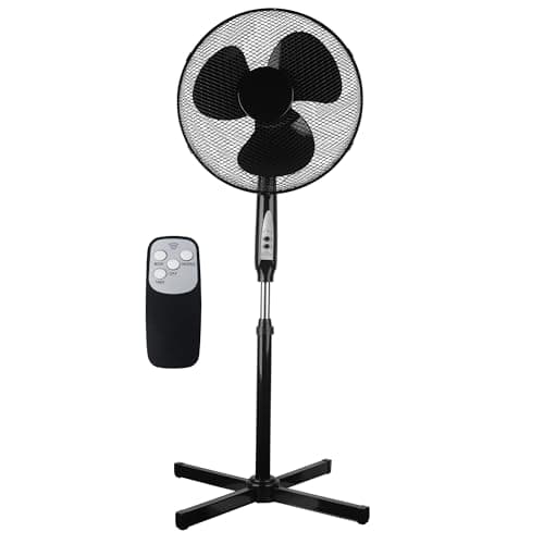 Image of Grennswick 16" Oscillating Pedestal Fan with Remote - 3 Speeds, 3 Wind Modes, 7.5H Auto-Off Timer, Adjustable Height, Ultra Quiet Standing Floor Fan for Bedroom, Living Room, Office (Black)