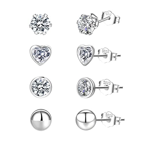 Image of PABBEU 4 Pairs Sterling Silver Stud Earrings Hypoallergenic Tiny Cartilage Small Heart Silver Stud Earrings for Women Set With Cubic Zirconia For Men 4mm