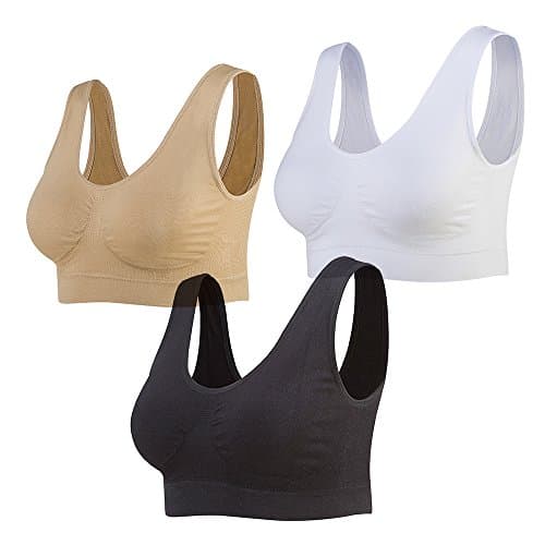 Image of Lemef 3-Pack Seamless Sports Bra Wirefree Yoga Bra with Removable Pads for Women (Medium, Black&White&Nude)