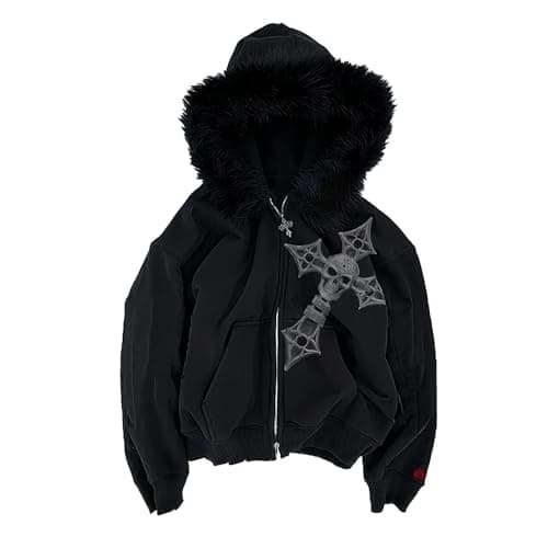 Image of YOSUWOAI Y2K Hoodie Men's Zip Up Hoodie Jacket with Fur Hood Streetwear Hip Hop Sweat Jacket Vintage Hooded Jacket Y2K Short Sports Jacket Gothic Steampunk Coat, V Black, M