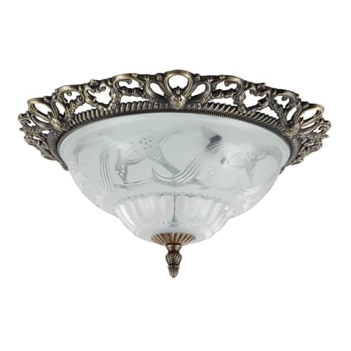 Image of Happy Homewares Traditional and Classic Antique Brass and Floral Glass Flush Ceiling Light