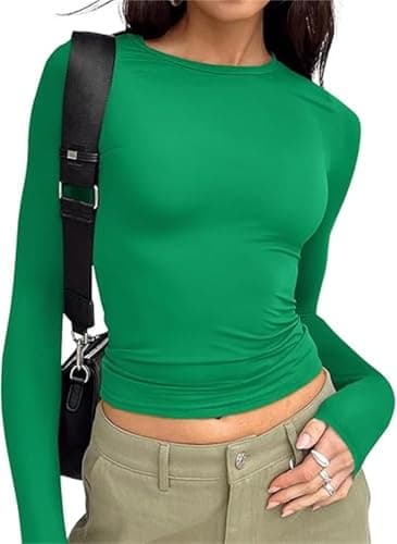 Image of Women's Casual Crop Tops Slim Fit Top Crew Neck Long Sleeve Tight T-Shirt Basic Blouse Tee Tops(Green-10,M)