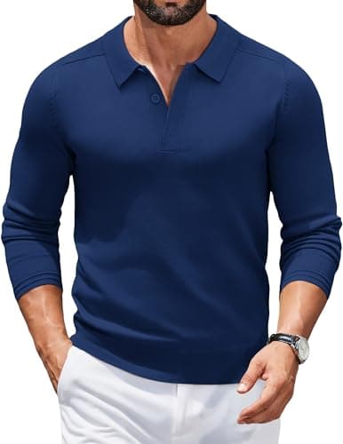 Image of COOFANDY Men's Jumper Polo Pullover Knitted Poloshirt Long Sleeve Sweatshirt Regular Fit Winter Sweater Solid Color Tops Casual Smart Navy Blue XXL