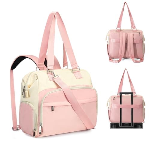 Image of Fexkean Diaper Bag Tote,Large Travel diaper tote for Mom and Dad,Multifunction baby tote bag for Boys and Girls with Pacifier Case and Changing Pad-Pink&Beige