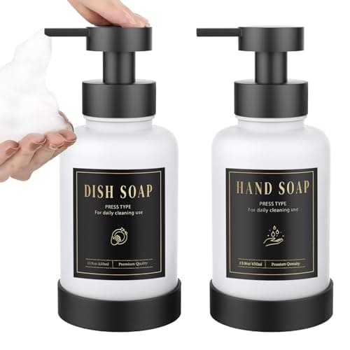 Image of Luxspire Foaming Soap Dispenser, Glass Foam Pump Soap Dispenser, Non-Slip Hand Soap Container with 5 Waterproof Labels, 15 Oz Refillable Liquid Soap Holder for Bathroom & Kitchen, White, 2 Pack