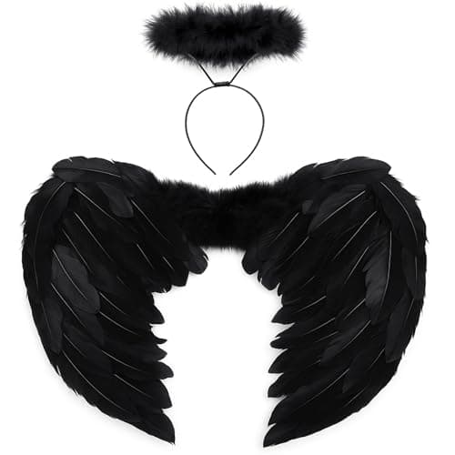 Image of Angel Wings And Halo Costume For Women -Includes 1x Feather Black Angel Wings & 1x Fur Black Halo Headband For Halloween, Cosplay, Party & Dark Fantasy Theme