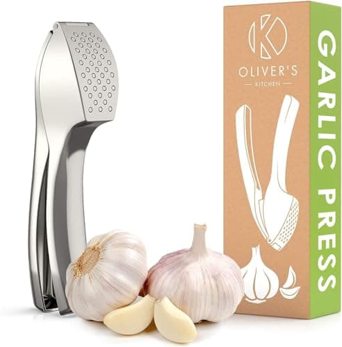 Image of Oliver's Kitchen ® Premium Garlic Press - Super Easy to Use & Clean Garlic Crusher & Mincer - Crush Garlic & Ginger Effortlessly (No Need to Peel) - Built for Life - Strong & Durable (Silver)