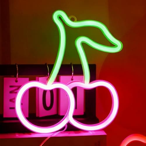 Image of Cherry Neon Light Sign, USB or 3 AA Battery Powered Pink Neon Wall Light, Cherry LED Sign, Fruit Neon Lamp Sign for Bedroom, Bar, Party, Christmas Decoration