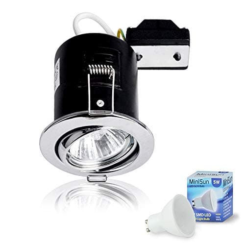 Image of MiniSun | Fire Rated Polished Chrome Tiltable GU10 Recessed Ceiling Downlight | Ceiling Spots, Home Décor & Improvement Essential | Includes 5W LED Bulb [6500K Cool White] | Mains Wired