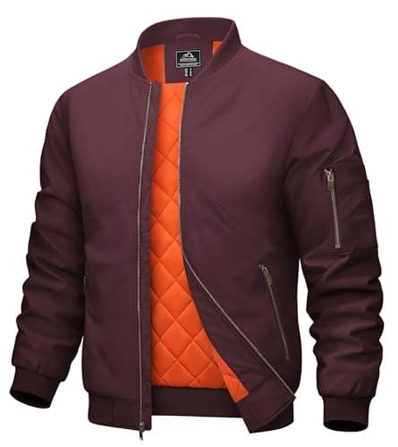 Image of MAGCOMSEN Bomber Jackets Mens Wine Red Winter Outdoor Windproof Coat for Men Cargo Casual Pockets Jackets Men Comfortable Jacket with Round Collar, Wine Red, XXL