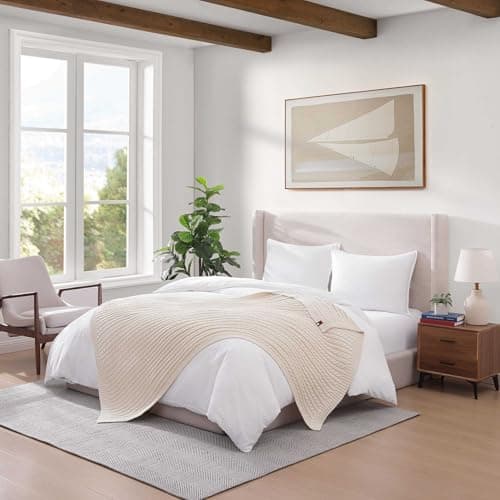 Image of Tommy Hilfiger - Blanket, Ultra-Soft Cable Knit Throw Blanket for Bed or Couch, Lightweight Bedding with a Soft Textured Feel & Iconic Flag Logo (Off-White, 50" x 70")