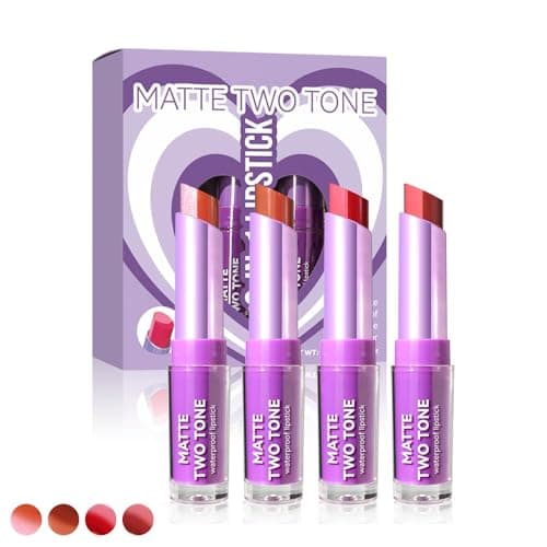 Image of 4 PCS Two Tone Lipstick Set, 2-in-1 Lipstick Set, High-Pigment Colour Rose Pink Nude Brown Gradient 18hr Wear Two Tone Matte Shimmer Moisturising Lip Liner Tinted Lip Balm (Set A)