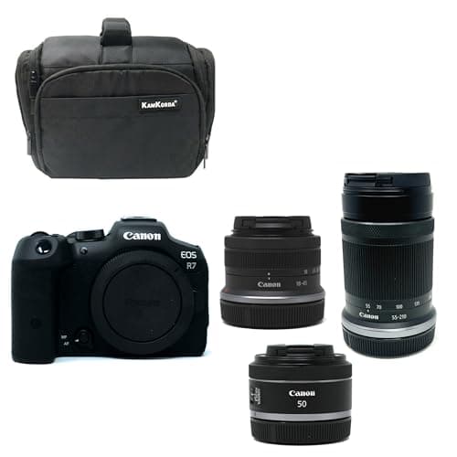 Image of KamKorda Camera Bag + R7 Mirrorless Camera + RF-S 18-45mm + RF-S 55-210mm + RF 50mm f/1.8 STM lenses, 32.5MP APS-C CMOS Sensor, 4K60 10-Bit Video + 2 Year Warranty
