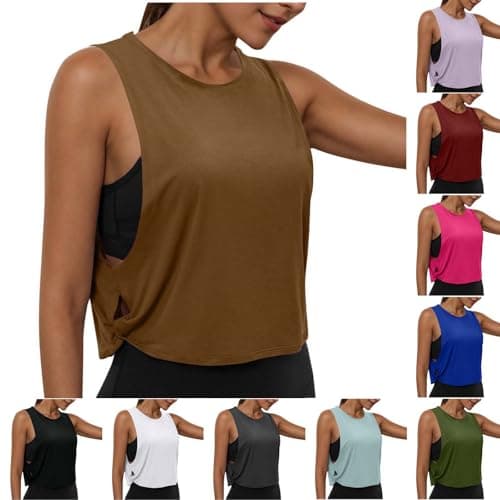 Image of Gym Tops for Women UK Loose Basic Vest Sleeveless T-Shirts Athletic Tank Top Quick Dry Yoga Tees Workout Sports Tops for Fitness Running Walking Brown