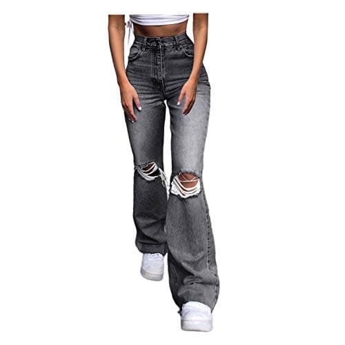 Image of Petite Womens High Waisted Flared Ripped Jeans Petite to Plus Size Ladies Curvy Slim Fit Bootcut Flared Boyfriend Juniors Jeans with Pockets Grey