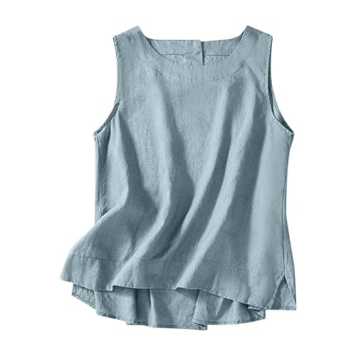 Image of Vest Tops Women UK 2026 Summer Cotton Linen Sleeveless T-Shirt Loose Fit Button Crew Neck Lounge Baggy Solid Color Plain Dressy Casual Tee Shirts Trendy Blouses Ladies Tank Tops
