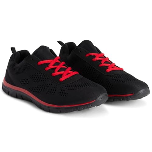 Image of Get Fit Men’s Lightweight Cushioned Trainers - Breathable Mesh Gym Running Shoes - Comfortable Lace-Up Athletic Sneakers, Shock-Absorbing Non-Slip Sole - Black/Red - 10