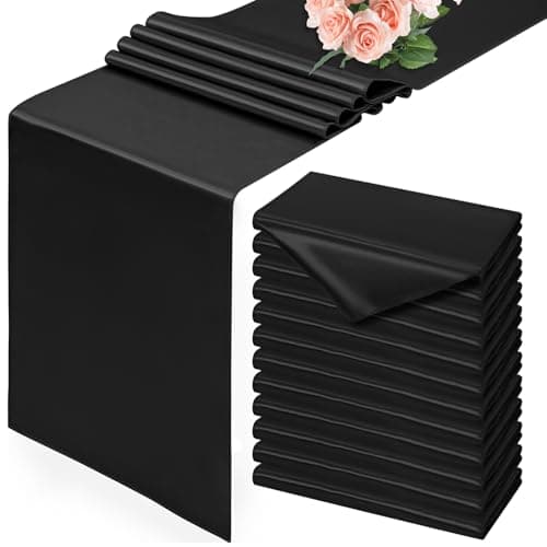 Image of 12 Pack Black Satin Table Runner, 30 x 183 CM Smooth Silk Table Runner for dining Table, Black Table Runner for Wedding, Party, Banquet, Events, Graduations, Engagements and Home