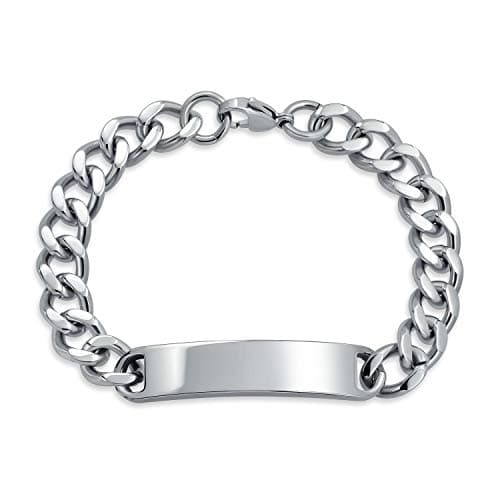 Image of Bling Jewelry Identification Name Plated Curb Cuban Link Chain ID Bracelet For Men Personalized Name Engraved Silver Tone Stainless Steel 8.5 Inch