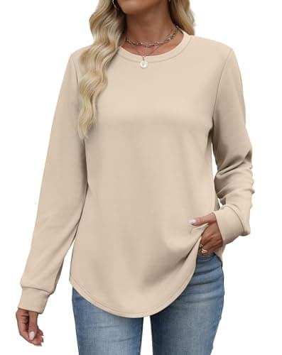 Image of WIHOLL Sweatshirts for Women UK Crewneck Long Sleeve Tops Womens Lightweight Jumpers Curved Hem Tunic Shirts Beige Size 14-16