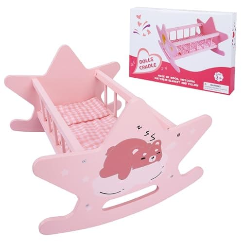 Image of Wooden Baby Doll Crib Set, Pink Bed Toys, Rocking Baby Doll Cradle Accessories, Play Cradle Furniture Accessories,Gift for Boys Girls Kids, Ages 3+