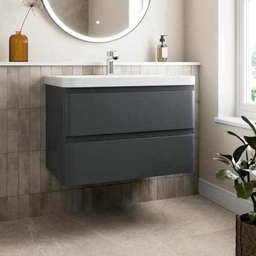 Image of Affine® 800mm Vanity Unit Wash Basin Sink Bathroom Wall Mounted Storage Cabinet Cupboard Cloakroom, Soft Close Drawers, Anthracite Grey