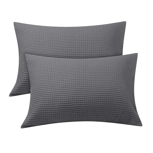 Image of Waffle Weave Pillowcases King Size 2 Pack, 100% Egyptian Cotton 600 Thread Count, Ultra Soft Pillow Shams with Envelope Closure, Breathable Skin-Friendly Pillow Case, Dark Grey, 20x36 Inches