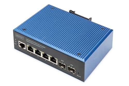Image of DIGITUS PoE Network switch - 6-port Gigabit Ethernet - 4x RJ45 + 2x SFP - IP40 - L2 managed - 10/100/1000 Mbit/s - top-hat rail mounting - Industrial series - black/blue