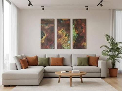 Image of Real Copper Wall Art, 3 Panel Handmade Triptych with Savage Copper Bloom Patina Textured Metal Artwork for Living Rooms Bedrooms or Hallways Total 23.6" W x 23.6" H