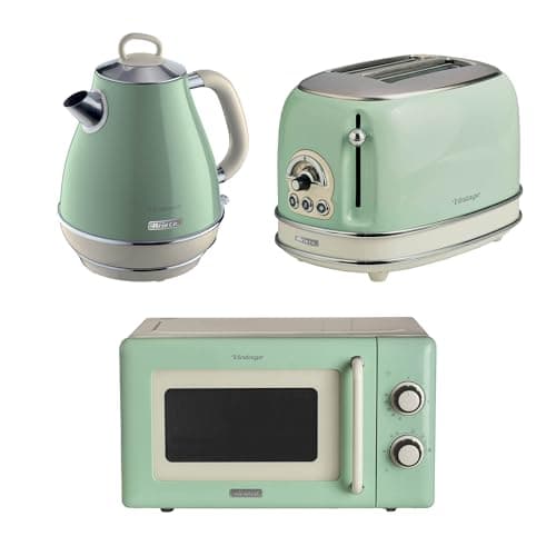 Image of Ariete Vintage Breakfast Set, Retro 2-Slice Toaster with 6 Browning Levels, 2000W Fast-Boil 1.7L Kettle & 800W Microwave, Green