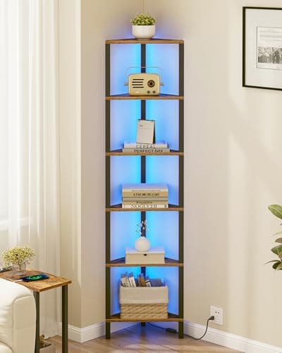 Image of TUTOTAK Corner Shelf with LED Light, 6-Tier Corner Bookshelf for Small Space, Narrow Display Corner Shelf Stand with Storage Rack, for Living Room, bedroom, Rustic Brown BS05BB006LEU
