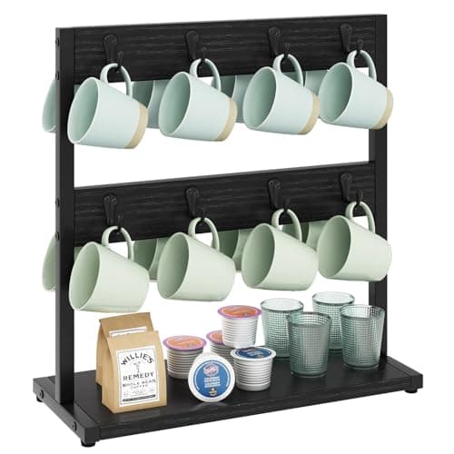 Image of IBUYKE Wood Coffee Mug Holder for Countertop,16 Hook Mug Tree Holder Rack with Storage Base,Mug Display Organizer,Mug Holders for Home Kitchen,Black TBJ001B