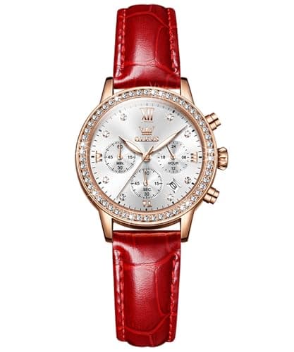 Image of OLEVS Women Watch -Multifunctional Chronograph with 4 Subdials, Leather Strap, Diamond Roman Numerals,Date,Luminous,Waterproof - Elegant Dress Watch (H9933- Red Strap and Rose White dial)