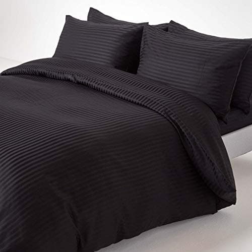 Image of HOMESCAPES Black Pure Egyptian Cotton Duvet Cover Set Single 330 TC 500 Thread Count Equivalent Satin Stripe Quilt Cover Pillowcase Included Bedding Set