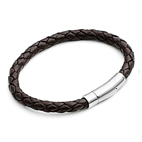 Image of Tribal Steel Brown Plaited Leather Bracelet for Men - Mens 21cm Bracelet with Riveted Stainless Steel Rocker Clasp